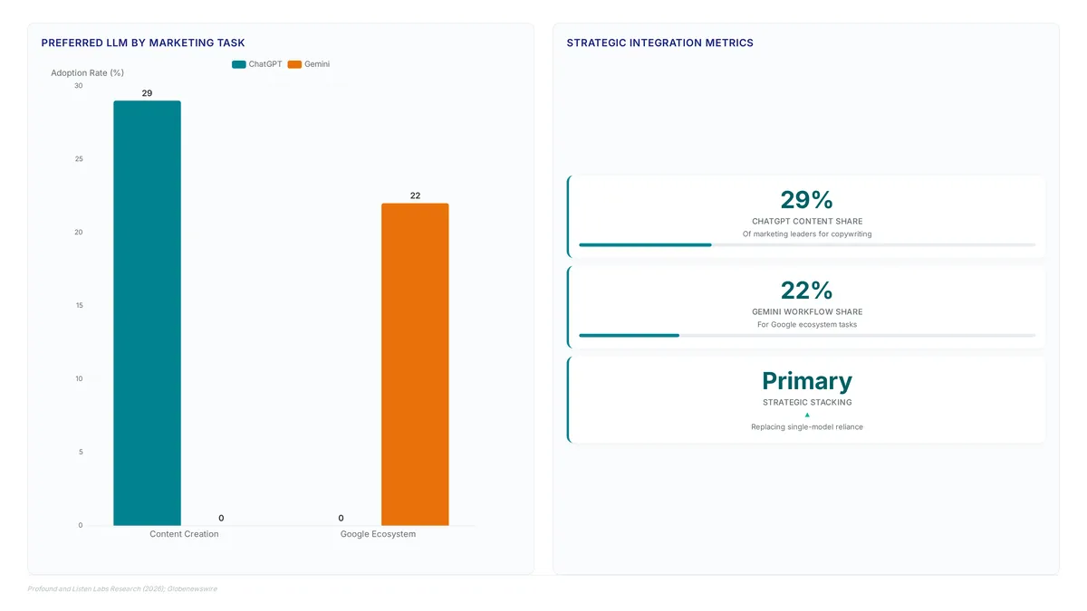 Comparison chart showing ChatGPT leading content creation at 29% and Gemini leading Google ecosystem workflows at 22%, alongside key metrics on strategic model stacking adoption.