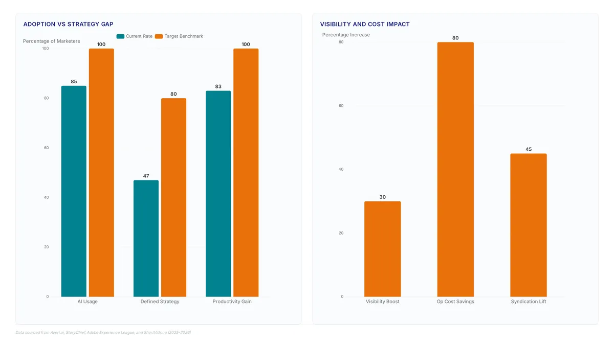 Charts comparing high AI adoption rates against lower strategic planning, alongside metrics showing significant gains in visibility and cost savings through optimized content repurposing.