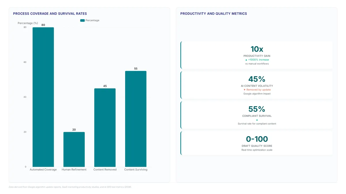 Comparison chart showing 80% automated coverage vs 20% human refinement, alongside a 45% removal rate for AI content and 10x productivity gains.