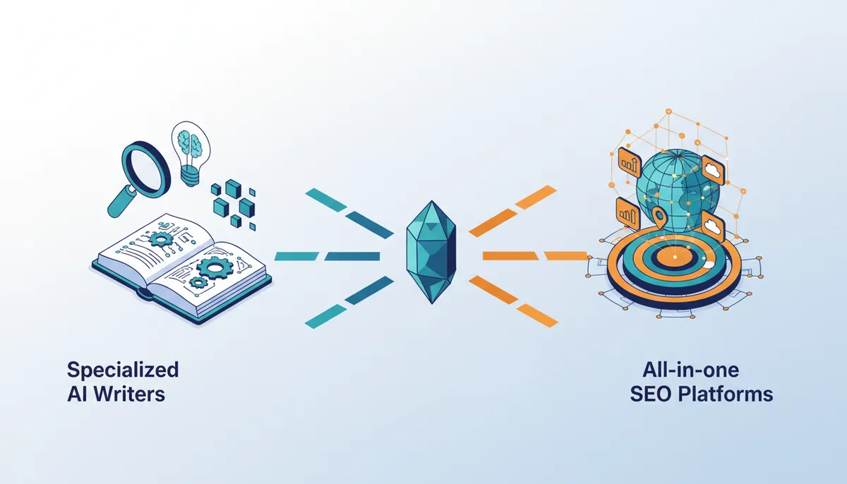 Conceptual illustration for Specialized AI Writers vs. All-in-One GEO Platforms