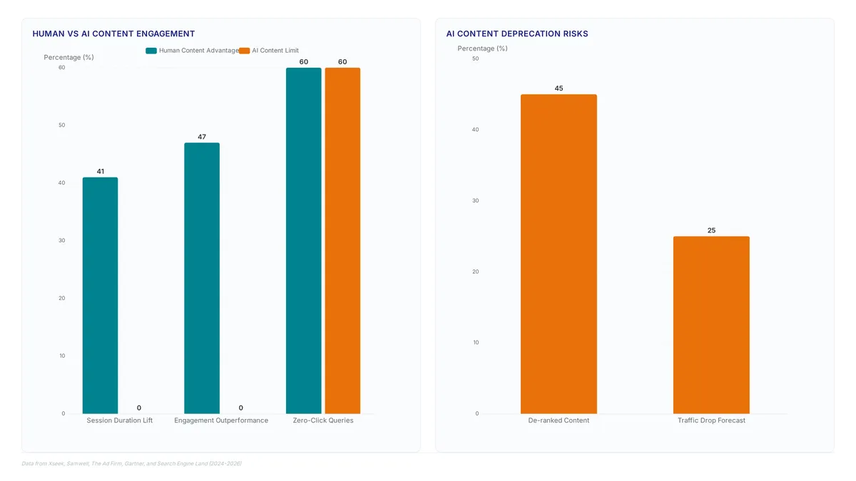 Charts comparing human and AI content performance showing 41% longer session durations and 47% higher engagement for human content, alongside a 19x impression growth case study.