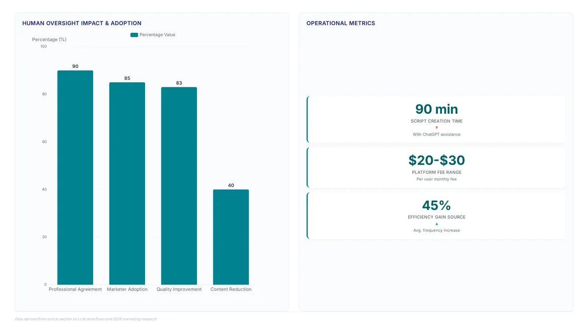 Chart showing 90% of professionals agree human editing improves AI content, 85% marketer adoption, 83% quality improvement, and operational metrics like 90-minute script creation.