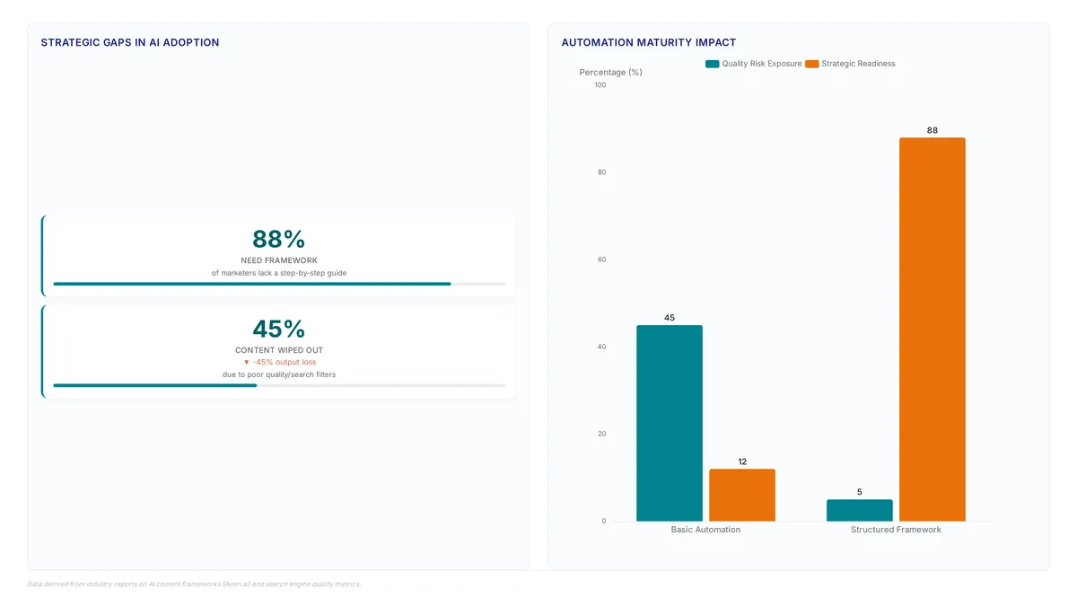 Comparison chart showing 88% of marketers need better AI frameworks while 45% of low-quality AI content is discarded by search engines.