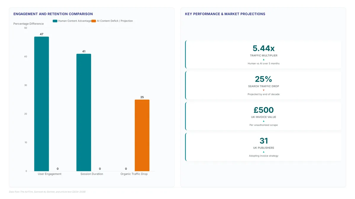 Charts comparing human and AI content performance showing 47% higher engagement and 5.44x more traffic for human content, alongside a projected 25% drop in organic search traffic and new £500 licensing invoices.