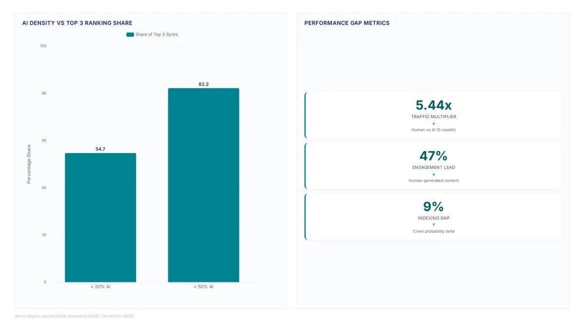 Bar chart showing pages with under 20% and 50% AI content capture 54.7% and 82.2% of top search spots respectively, alongside metrics showing human content generates 5.44x more traffic.