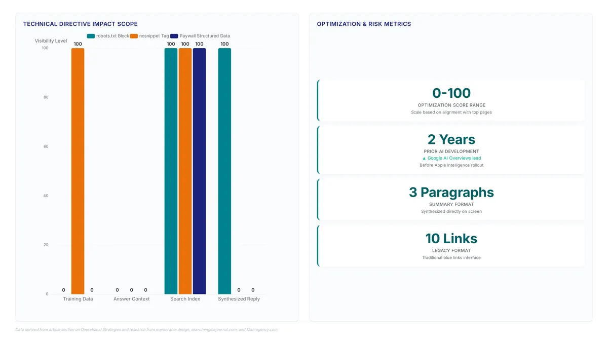 Comparison of technical directives like robots.txt and nosnippet tags showing their binary impact on AI training and visibility, alongside key metrics including a 0-100 optimization score and the shift from 10 links to 3-paragraph summaries.