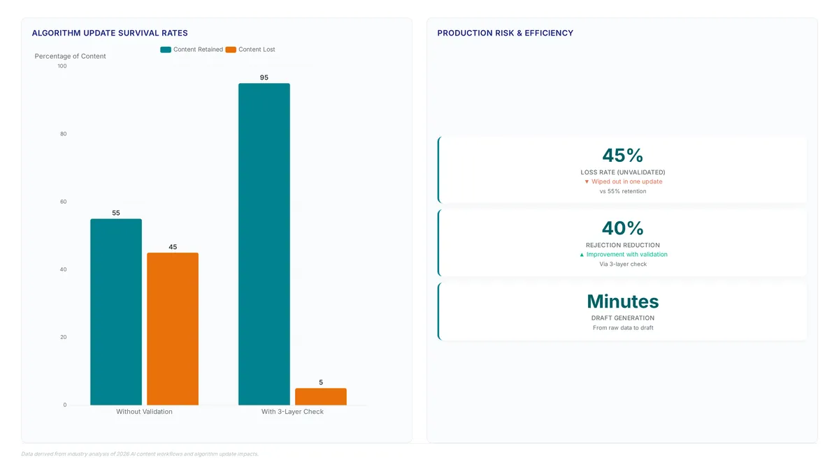 Chart comparing 45% content loss without validation against reduced rejection rates with a three-layer check, alongside key metrics on production speed and risk mitigation.
