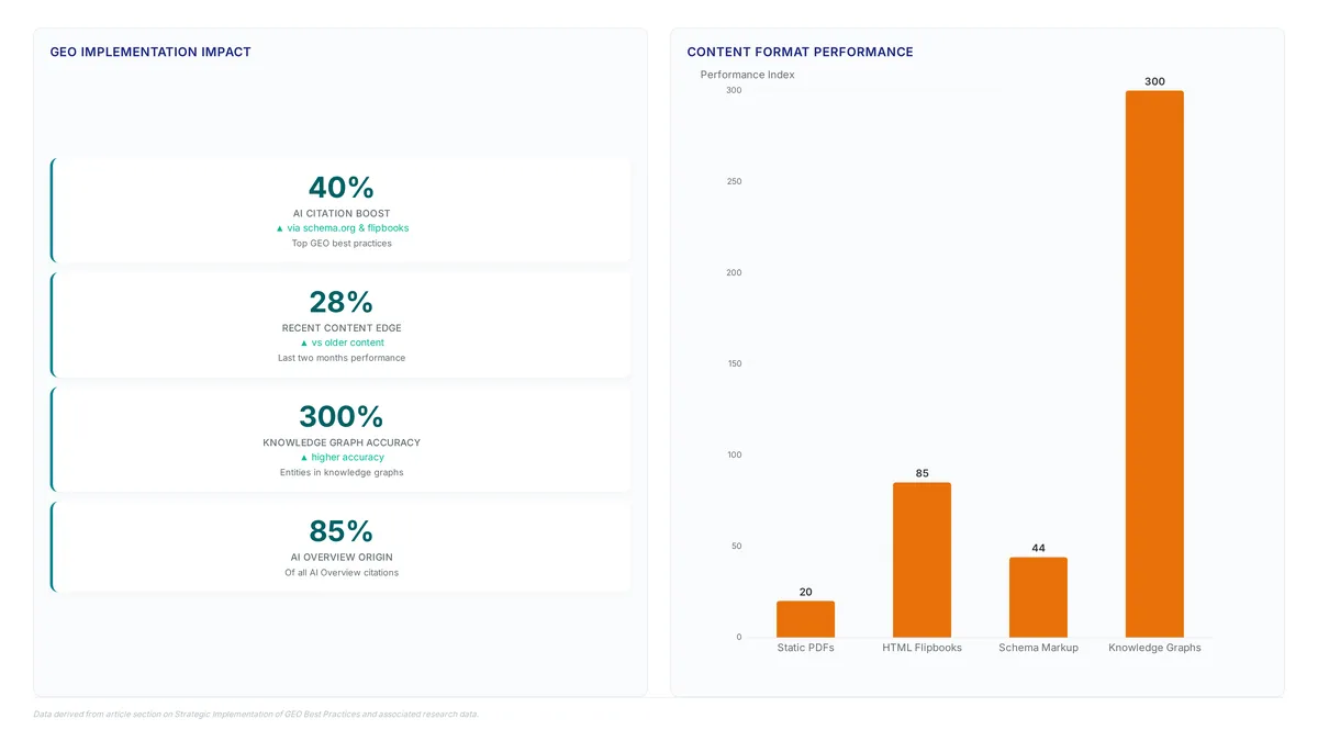 Bar chart and metric cards showing GEO best practices increase AI citations by 40%, with knowledge graphs achieving 300% higher accuracy and recent content earning 28% more citations.