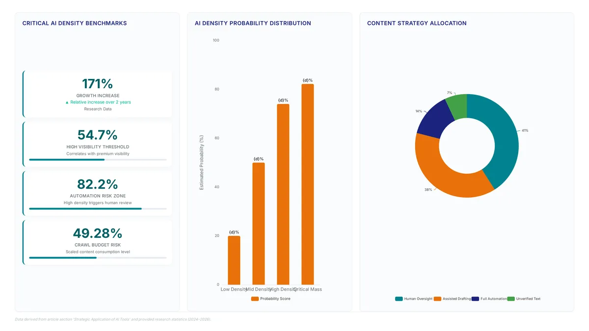 Dashboard showing AI density thresholds for SEO, highlighting a 171% growth metric, critical density percentages like 54.7% and 82.2%, and a donut chart splitting content strategy between human oversight and automation.